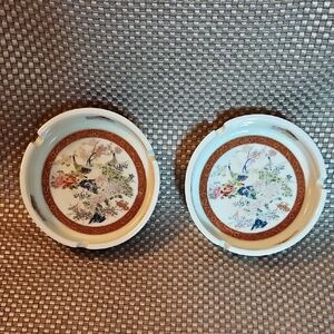 Vintage 1979 Satsuma Ashtrays Peacock Oriental Floral Gold Accent
